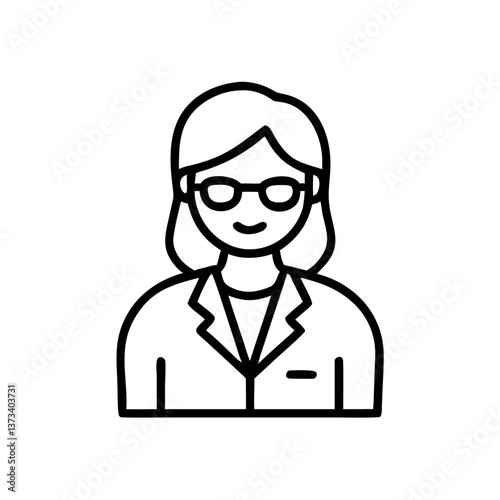 Female biologist with glasses, science research, line icon