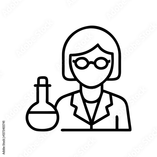 Female chemist holding a flask, laboratory research, line icon
