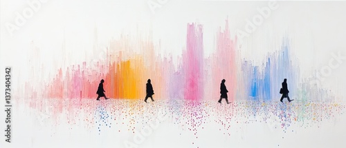 Silhouettes walking over colorful, drip-style background. Minimalist and abstract design
