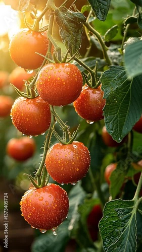 Fresh tomatoes hanging on vine in greenhouse photo