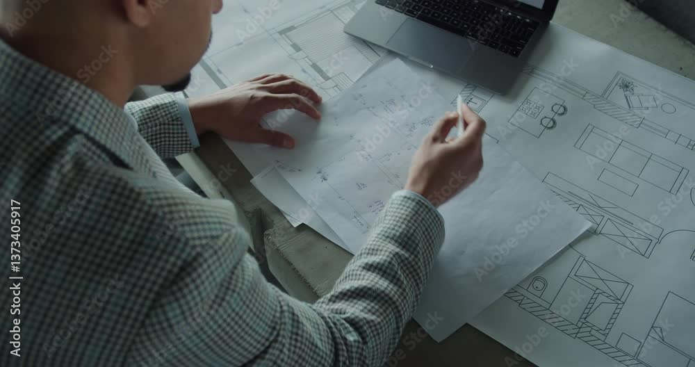 Architect working on technical blueprints and plans