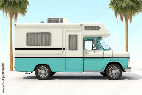 A vintage camper van in aqua and white, parked under palm trees, evokes a sense of adventure and leisure in a sunny environment.