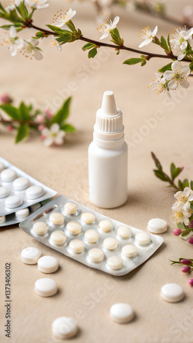 Allergy pills and nasal spray with spring blossoms.