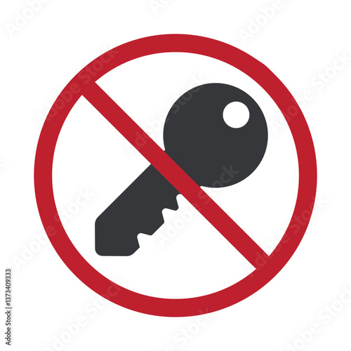 Isolated prohibition sign : key symbol with a red crossed-out sign, representing keyless operation and the absence of a key.