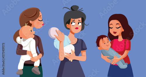 Unhappy Mother Compares Herself to Other Mothers Vector Illustration. Stressed woman with her baby falling for the perfect mom myth being depressed