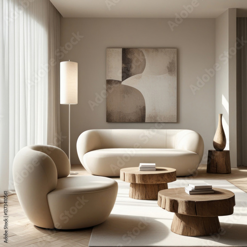 Home interior design of modern minimalist living room with neutral color palette, home interior mockup