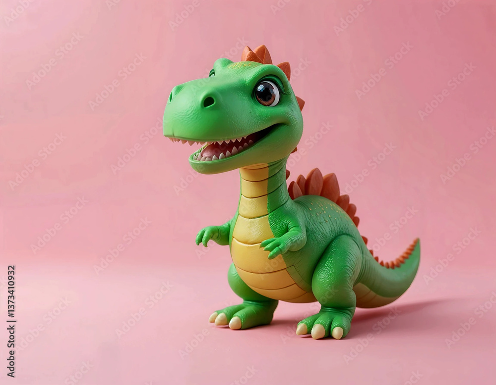 Fototapeta premium 3D dinosaur with short arms and a friendly smile, standing on a pink background