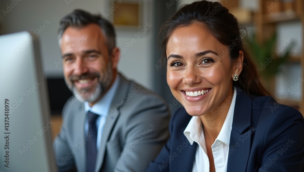 Young businesspeople, a smiling couple in suits, use a laptop for teamwork in their corporate office Young businesspeople, a smiling couple in suits, use a laptop for teamwork in their corporate office