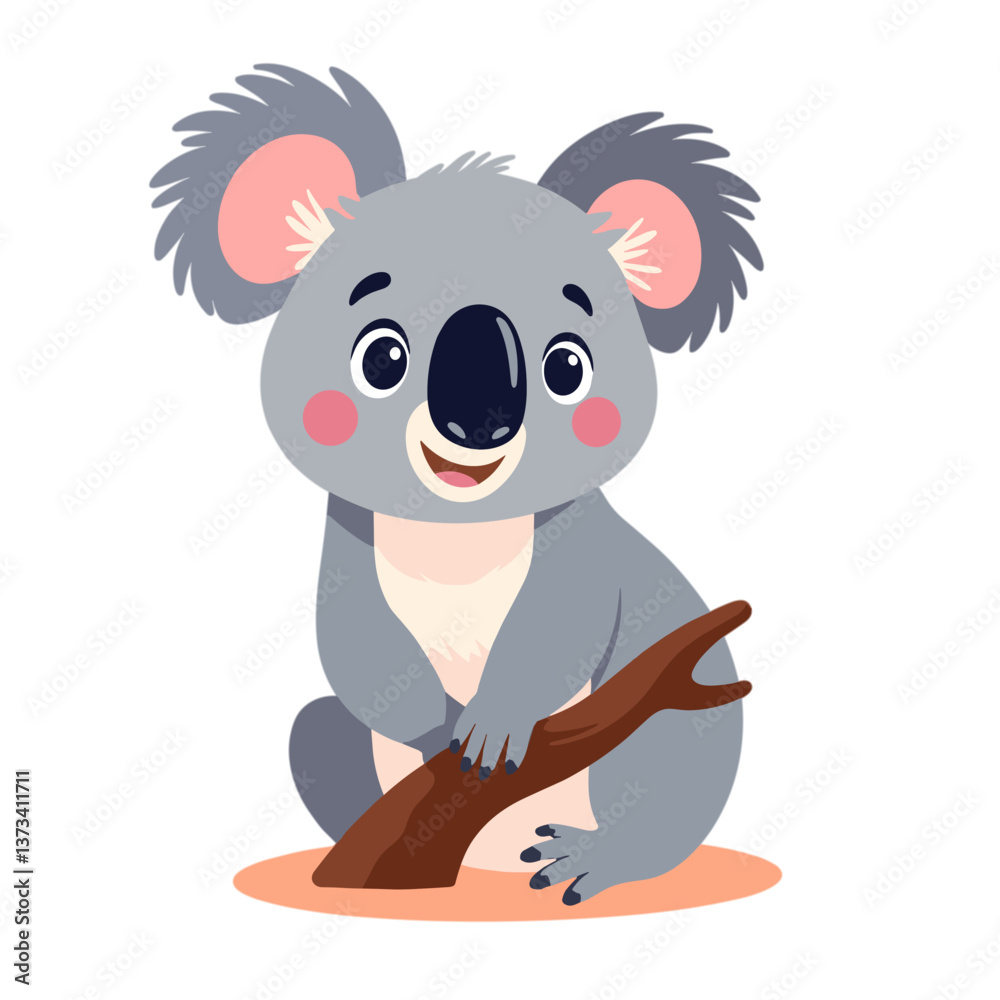 Obraz premium Cartoon koala holding branch and smiling on transparent background