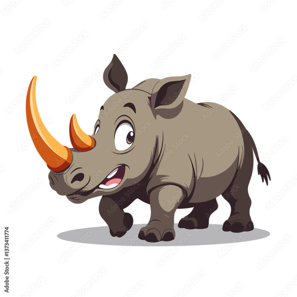 Fototapeta premium Cartoon rhinoceros with orange horn on transparent background