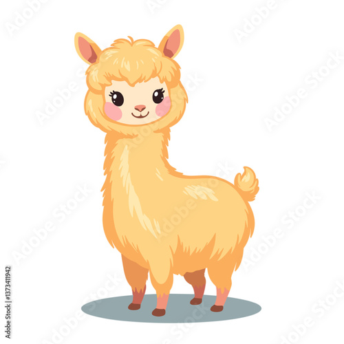 Cartoon baby alpaca with fluffy wool on transparent background
