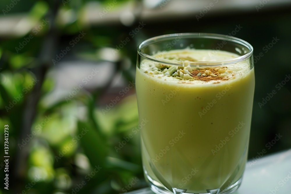 Refreshing glass of mango lassi with blended nuts and cool background Refreshing glass of mango lassi with blended nuts and cool background