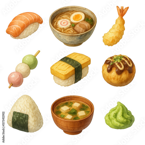Hand-painted watercolor illustrations of traditional Japanese food including sushi, ramen, miso soup, and snacks, transparent PNG