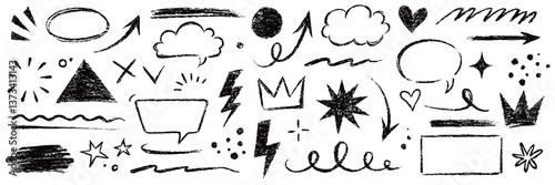 Arrow line hand drawn brush sketch element set. Grunge square, heart, arrow element scribble line brush hand drawn sketch design. Texture abstract chalk, crayon pencil style. Vector illustration
