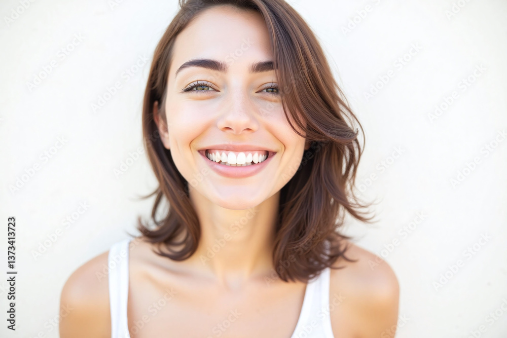 smiling woman in a white tank top smiling woman in a white tank top