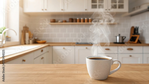Deli morning meal or breakfast. cozy kitchen with steaming cup of coffee on wooden counter.