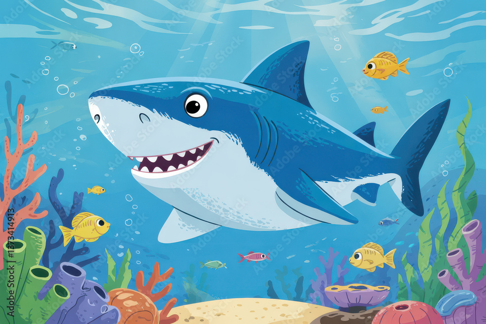 Obraz premium Colorful cartoon shark swimming underwater with coral reef and fish in a vibrant ocean scene for kids illustrations