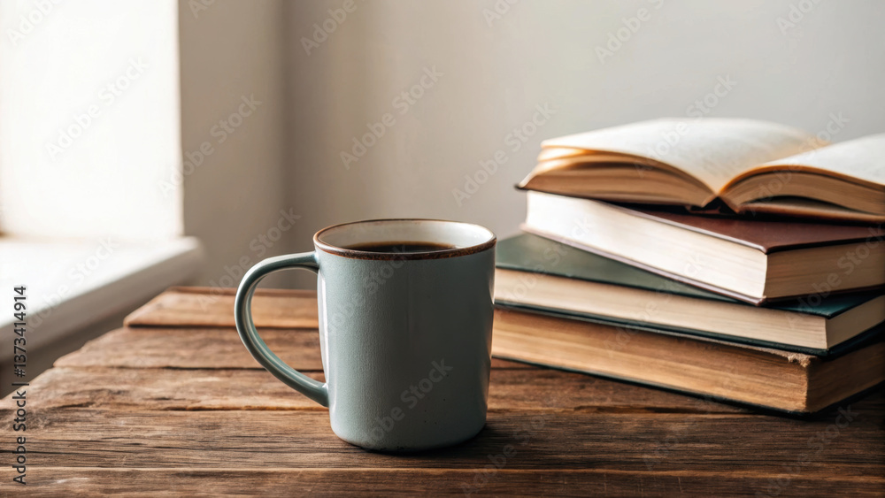 Deli morning meal or breakfast. cozy scene with vintage mug of coffee and stacked books on rustic wooden table. Deli morning meal or breakfast. cozy scene with vintage mug of coffee and stacked books on rustic wooden table.