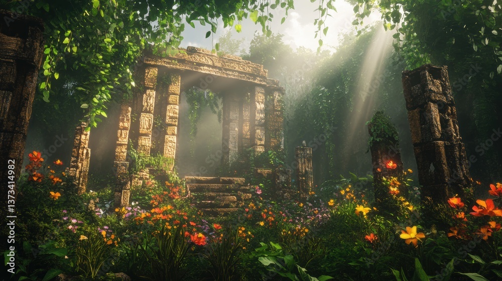 Fototapeta premium A mystical ancient temple ruins surrounded by lush greenery and vibrant wildflowers, illuminated by soft rays of sunlight filtering through the dense foliage. The stone structure is adorned with intri