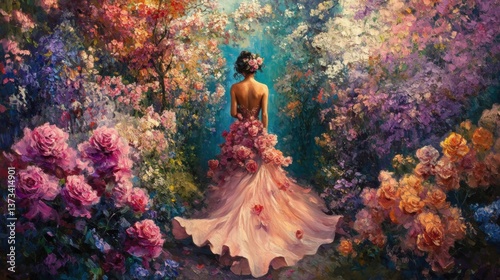 A serene and whimsical depiction of a floral fantasy landscape featuring a woman with an elegant dress made of pink roses, standing gracefully in a vibrant garden. The scene is filled with an array of