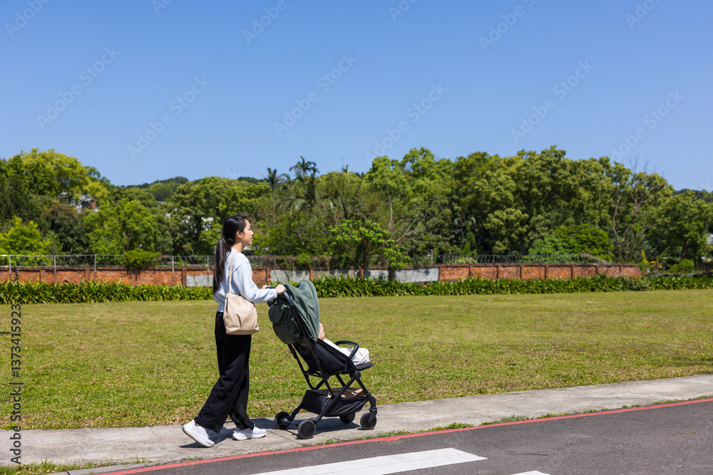 Mother Pushing Baby Stroller In Park