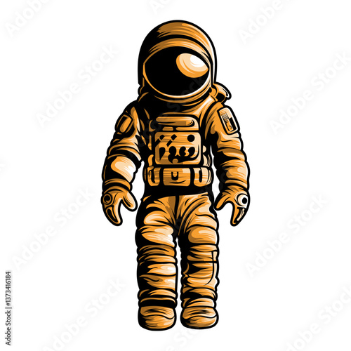 Cartoon Astronaut in Orange Space Suit Standing Upright – Futuristic Vector Character with Helmet and Control Panel – Ideal for Sci-Fi Designs, Space Exploration Themes, and Educational Projects