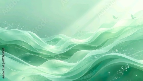 Serene Mint Green Waves with Ethereal Light Effects