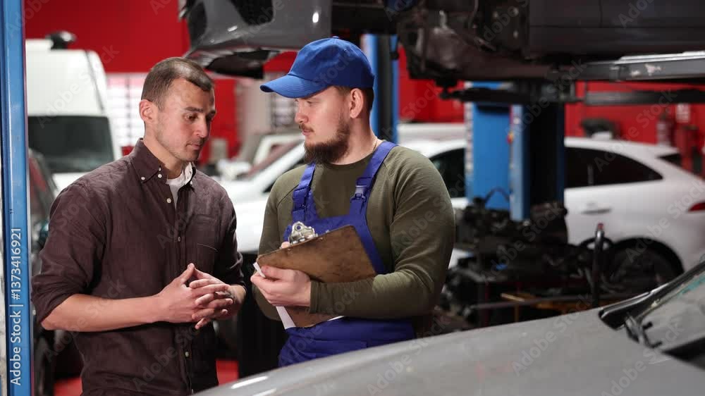 Young male mechanic signs agreement with young male client of car service center