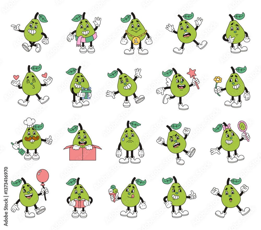 Obraz premium Pear character set showing different emotions and activities like cooking, reading, holding gifts, thinking, and celebrating magical and romantic moments in adorable cartoon style