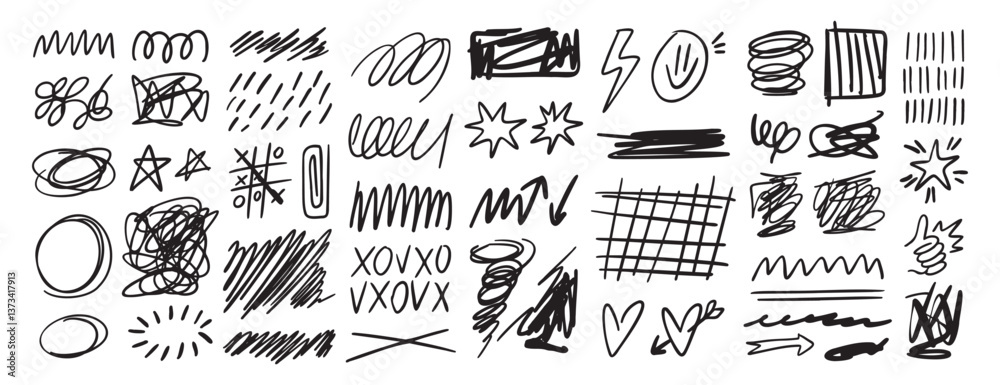 Scribble doodle hand drawn messy ink strokes set. Freehand lines and shapes. Hand drawn pencil curves and black marker swirl, pen sketch