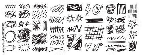 Scribble doodle hand drawn messy ink strokes set. Freehand lines and shapes. Hand drawn pencil curves and black marker swirl, pen sketch