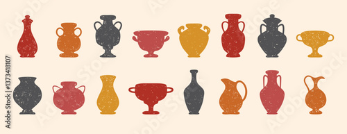Textured ceramics vase silhouette set. Ancient amphora, greek antiques vases. Different old pottery and vessels, clay pitchers, jug. Creative decor flat vases shapes 