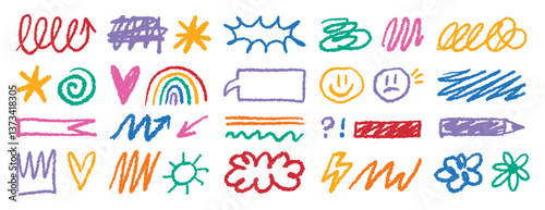 Crayon doodle colorful charcoal hand drawn set. Pencil drawings squiggle shapes and forms. Freehand collage elements.