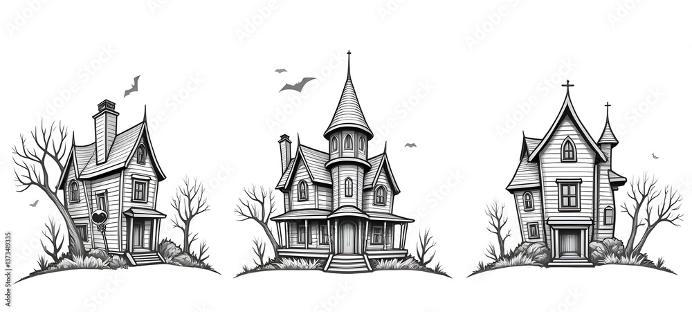 Fototapeta premium Three detailed illustrations of vintage houses surrounded by bare trees and flying bats with clipping path,isolated, absolutely white background background