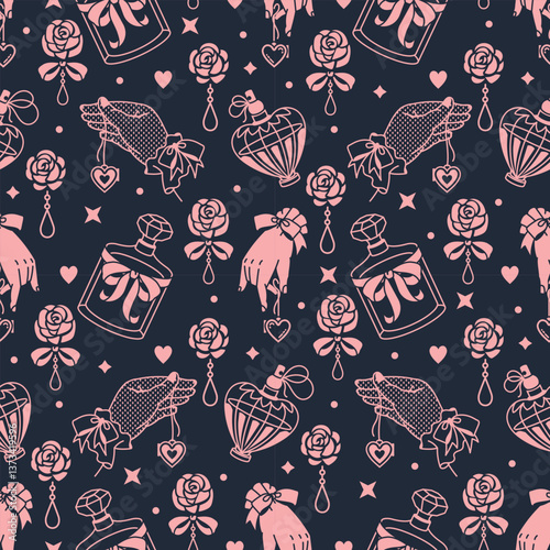 Mysterious dark and flirty pink seamless pattern with vintage feminine elements: roses, perfume bottles, and gloves. Perfect for romantic, flirty, and vintage backgrounds