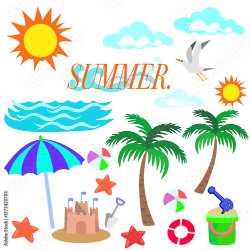 Summer, Letters, Relaxation, Sea, Coconut Trees, Beach, Sand Castle, Ocean Waves, Ball, Scoop, Bucket, Beauty,star fish,bird ,cloud ,illustration