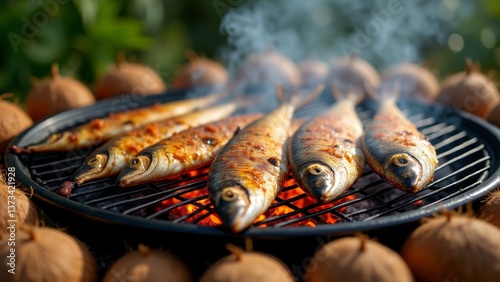 Grilled Fish On Outdoor Barbecue