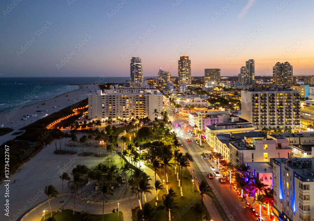 Cityscape of downtown Miami with sunset glow. Tropical paradise in South Beach. Midnight city lights in Miami. Waterfront view of Miami skyline. Aerial shot of Miami at sunrise. Neon Art Deco. Ocean