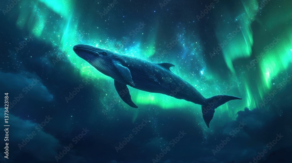 Obraz premium A majestic whale gliding through a surreal cosmic landscape illuminated by vibrant northern lights. The whale is depicted in great detail against a dark starry background, creating a sense of wonder a