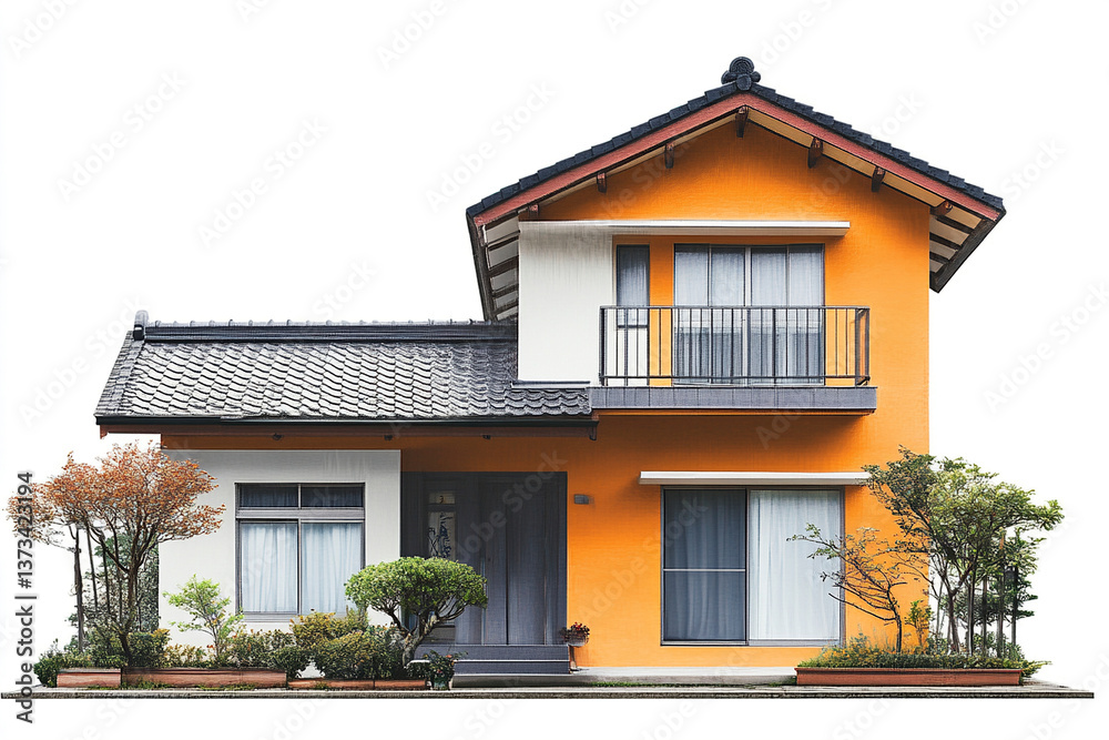 Fototapeta premium Modern two story house with orange facade and plants