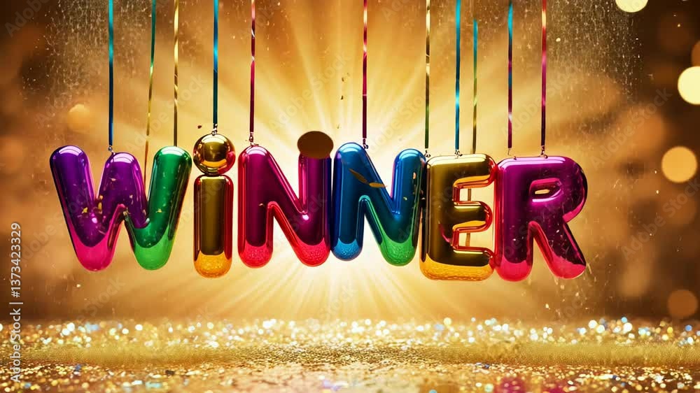 Rainbow Color big volume letters Winner floating over festive blurred bokeh golden background. Concept for success with shiny air balloons