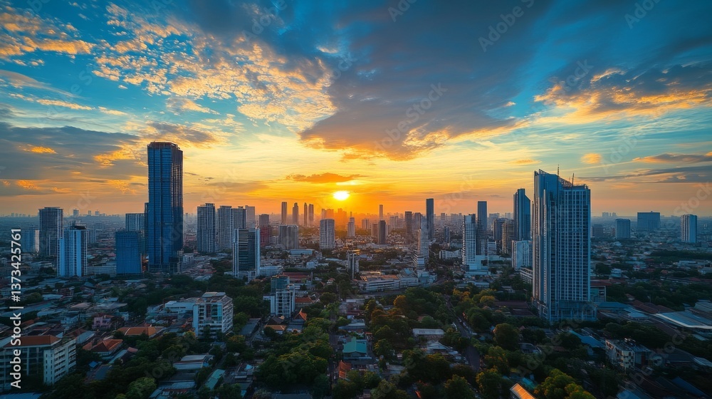 Fototapeta premium Stunning sunset over urban cityscape metropolitan area landscape photography evening atmosphere aerial view city life
