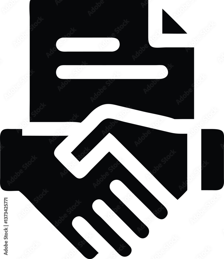 Two hands shaking with a contract document icon Two hands shaking with a contract document icon