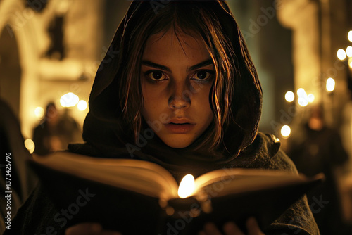 Intense moment during a medieval witch hunt with a young woman holding a book