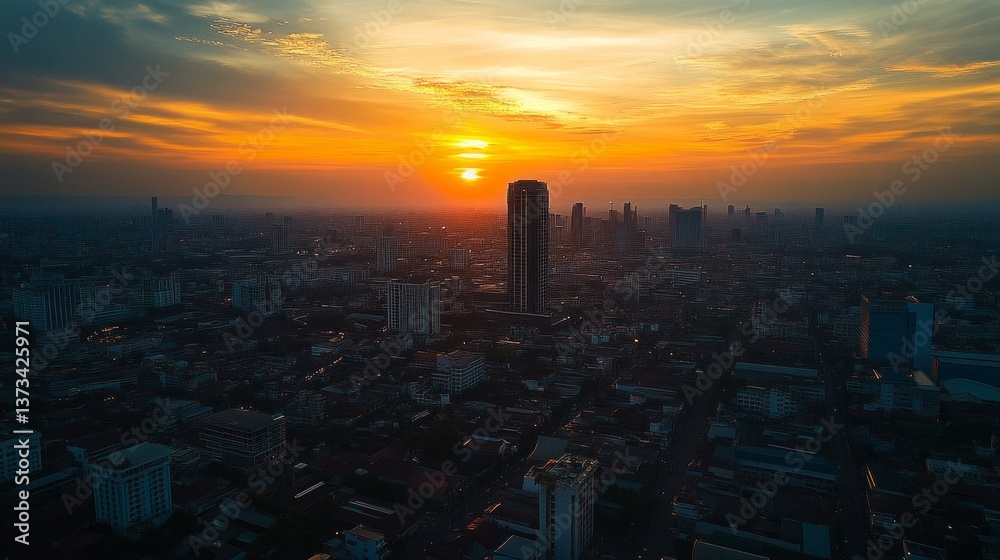 Fototapeta premium Sunset over urban skyline cityscape aerial view vibrant colors peaceful atmosphere