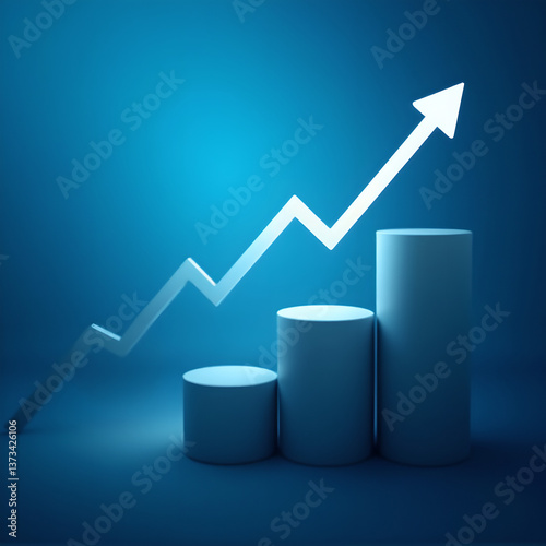 Minimalist financial growth chart with upward arrow on blue background.
