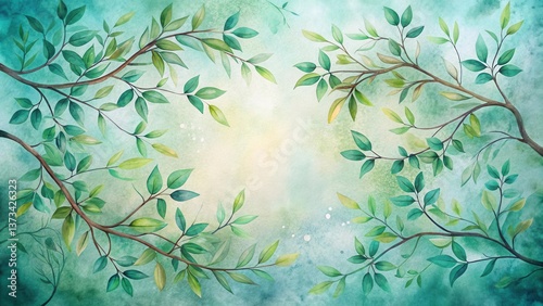 Serene Watercolor Painting of Lush Green Branches and Leaves Against a Soft Teal Background, Ideal for Relaxation and Nature-Inspired Designs