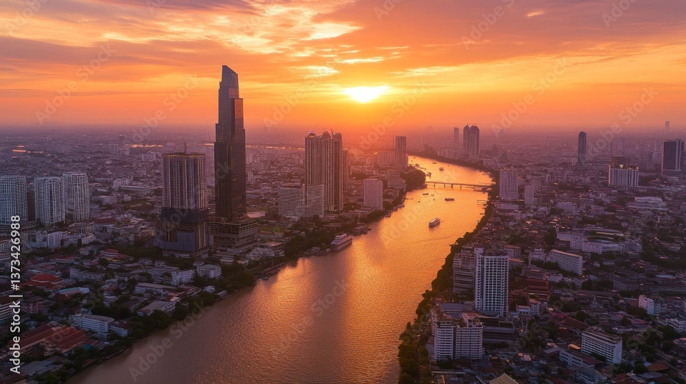 Fototapeta premium Sunset reflections over the chao phraya river bangkok aerial view cityscape serene atmosphere