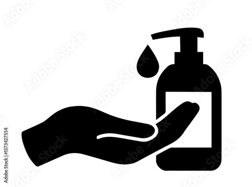 Silhouette of a hand under a dispenser with a drop of liquid falling from a pump bottle, hand hygiene, disinfectant, or soap usage for cleanliness and protection. Sanitation, Hygiene