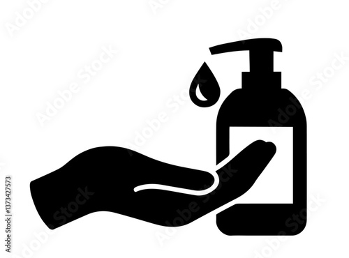 Silhouette of a hand placed under a liquid soap or disinfectant dispenser, with a drop of liquid falling, symbolizing hand hygiene and the use of antiseptic or soap. Hygiene and Sanitation

